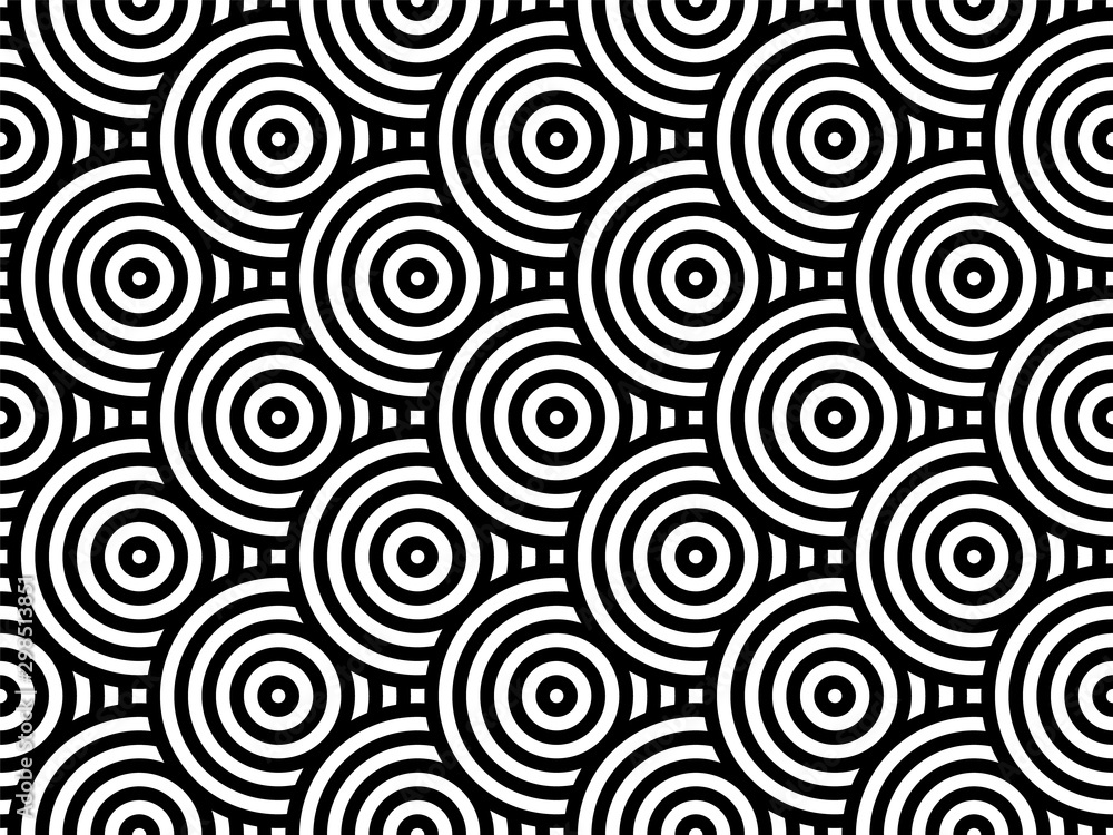 Wall mural black and white overlapping repeating circles background. japanese style circles seamless pattern. e
