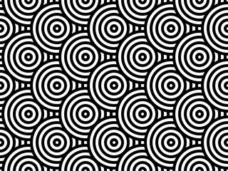 Arrière-plan de cercles répétitifs qui se chevauchent en noir et blanc. Modèle sans couture de cercles de style japonais. Texture répétée sans fin. Carreaux de motif ondulé géométrique abstrait en spirale moderne. Illustration vectorielle.
