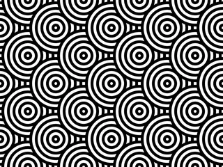 Behang Zwart-wit overlappende herhalende cirkels achtergrond. Japanse stijl cirkels naadloos patroon. Eindeloze herhaalde textuur. Moderne spiraal abstracte geometrische golvende patroon tegels. Vector illustratie. © Tasha Vector