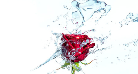 Red rose with water splash and drops on a white background. Selected focus, narrow depth of field