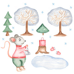 Little  Grey Mouse card illustration with skates. Cute cartoon Christmas animal rat or mouse. Watercolor illustration. Christmas and New Year cards.