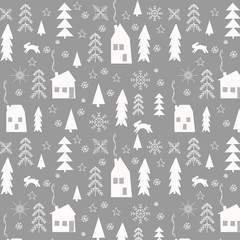 Scandinavian pattern with stylized fir, snowflakes, house, bunny, stars. Simple classic christmas seamless pattern for background, wrapping paper, fabric, surface design.