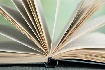 Open book on blue wooden table against blurred green background, closeup