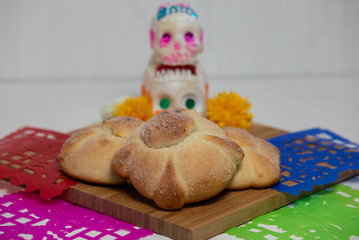 Sweetbread called Bread of the Dead (Pan de Muerto), Day of the dead Mexican tradition composition