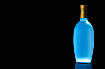 Bottle of vodka on black background. Space for text