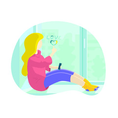A young girl sits on a windowsill with a phone in her hand and writes the word love on fogged glass. A lonely girl is waiting for a call. Vector illustration.