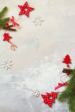 Christmas composition, winter, new year concept. Branches of spruce and red decorations. Top view flat lay. Free space for your text.