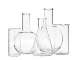 Empty glassware for laboratory analysis isolated on white