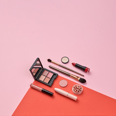 Cosmetic makeup accessories layout. Fashion creative minimal Set. Trendy Design Clutch, lipstick...