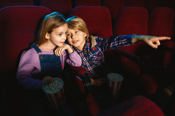 Little girl and boy, friends or sister and brother watching a film at a movie theater, house or cinema. Look expressive and emotional. Sitting alone and having fun. Friendship, family, childhood