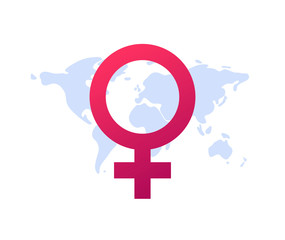 Vector flat woman empowerment illustration. Red female sign on global world map background. Concept of international feminism, march, sisterhood. Design element for banner, poster, web, infographics.