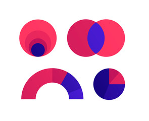 Vector color flat chart diagram icon illustration set. Red and blue diagram collection of venn, gauge, pie and nested area infographic element. Design for finance, statistics, analitics, science.