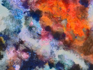 Macro detailed splashes and strokes of oil brush on paper. Simple colorful bright pattern. Old vintage rough texture. HQ design pattern. Shape close up painting. - 298519258