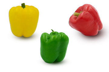 three fresh sweet pepper isolated on white background with clipping path