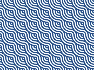 Behang Blauwe en witte strepen die textuur weven. Japanse stijl golvende lijnen naadloze patroon. Moderne abstracte geometrische patroontegels. Overlappende herhalende cirkels maken golven achtergrond. Vector illustratie. © Tasha Vector