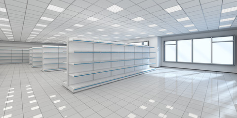 Store interior with empty shelves and window. 3d illustration