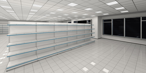 Store interior with empty shelves and window. 3d illustration