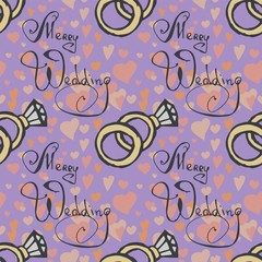 Wedding rings seamless pattern on a lilac background.  Colored hand drawn vector doodle illustration.