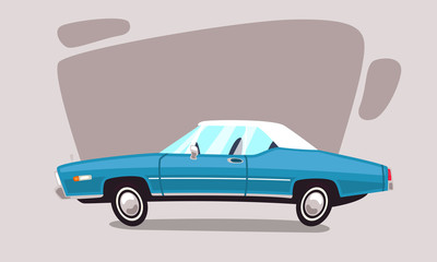 Old car of blue color. Funny cartoon car stands sideways. Tires are oval wheels. It can be used in animations and cartoons.