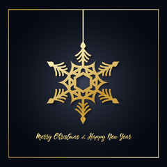 Elegant and minimalist Christmas card or poster design. Gold snowflakes on dark background. Square format