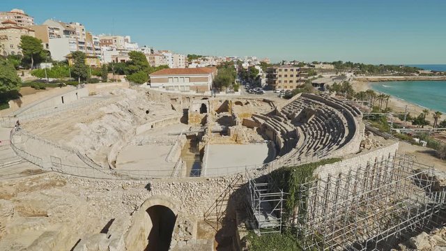 Ancient roman amphitheater of Tarragona, Spain, next to the Mediterranean sea in Costa Dorada, Catalonia, Spain.The Archaeological Ensemble of Tarraco is declared a UNESCO World Heritage Site Ref 875