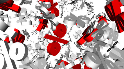 Sale banner. Lot of red and white percent signs flying. Discount or credit offer. 3d rendering, CGI background.