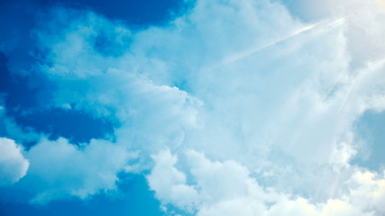 White clouds blue sky. Cloudy weather timelapse. Beauty of color and light in summer. Abstract nature background fluffy, puffy cloudscape in air. High sunny cumulus in 3D render