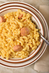 Oveerhead view of a bowl of macaroni and cheese