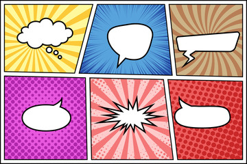 Fototapeta premium Vector comic book page template with different backgrounds and speech bubbles. Pop art style