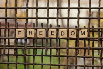 the word freedom from wooden letters on the iron bars of an old rusty grate
