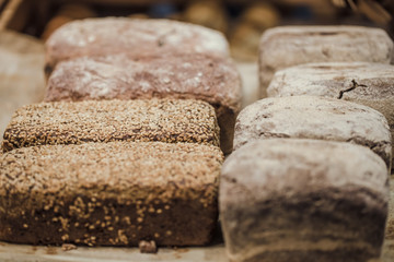 Fresh bread on the counter in the store, close-up .