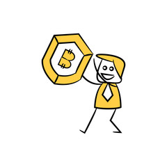 businessman holding bitcoin shield crypto currency concept yellow icons