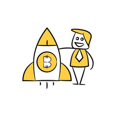 businessman and bitcoin rocket cryptocurrency concept yellow doodle hand drawn