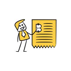 businessman and bitcoin bill yellow doodle stick figure design