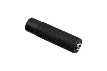 Black silencer for weapons. Suppressor that is at the end of an assault rifle.