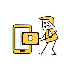 businessman pull bitcoin bank from smartphone cryptocurrency concept yellow doodle hand drawn