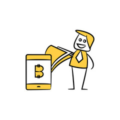 businessman and smartphone bitcoin payment concept yellow doodle stick figure design