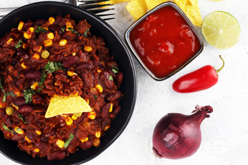 Hot chili con carne. mexican food tasty and spicy with red beans