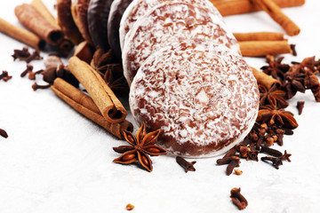 Typical German Gingerbreads such as Lebkuchen and Aachener Printen on rustic