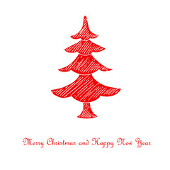 Fototapeta na wymiar Merry Christmas and Happy New Year congratulation card, tree stylised stroke red christmas tree on white art design element for web, for print