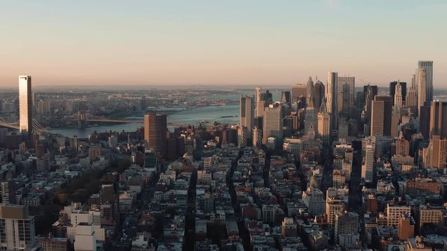 Aerial panorama of Lower Manhattan business district skyscrapers at sunrise