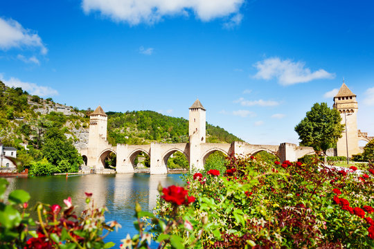 Valentre bridge in Cahor over red flowers, France