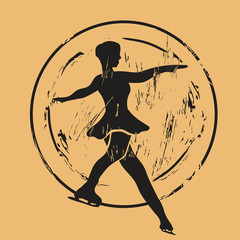 Figure skater silhouette icon vector round shabby emblem design, old retro style. Figure skating logo mail stamp isolated on craft paper. Vintage grunge sign. Winter sport round seal imitation. © Anna Kolesnikova1161