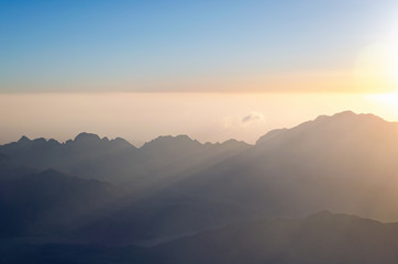 View from the mountain of Moses, a beautiful sunrise in the mountains of Egypt