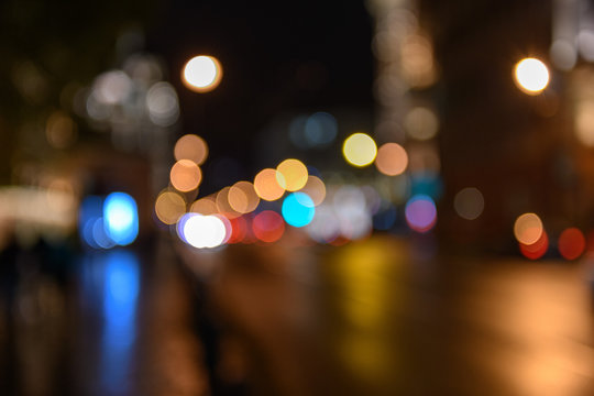  View of traffic in city street blurred bokeh background, night scape
