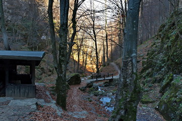 Autumn walk through the labyrinth of the Teteven Balkan with high peaks, river and bridge, Stara Planina, Bulgaria  