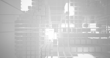 Abstract white architectural interior from an array of white cubes with neon lighting. 3D illustration and rendering.