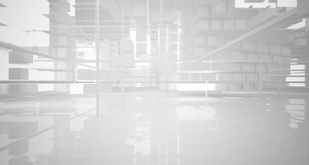 Fototapeta premium Abstract white architectural interior from an array of white cubes with neon lighting. 3D illustration and rendering.