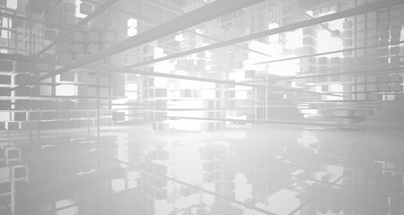 Abstract white architectural interior from an array of white cubes with neon lighting. 3D illustration and rendering.