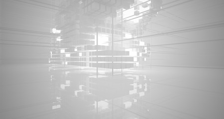 Abstract white architectural interior from an array of white cubes with neon lighting. 3D illustration and rendering.